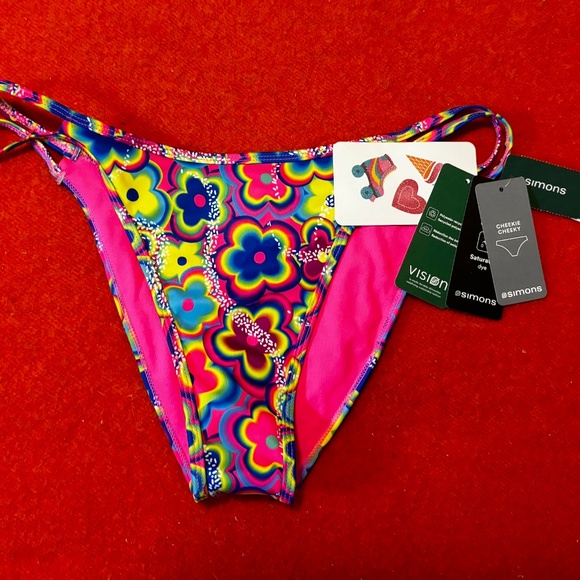 Vibrant abstract flowers double string cheeky bikini swimsuit bottom NWT - Picture 2 of 10